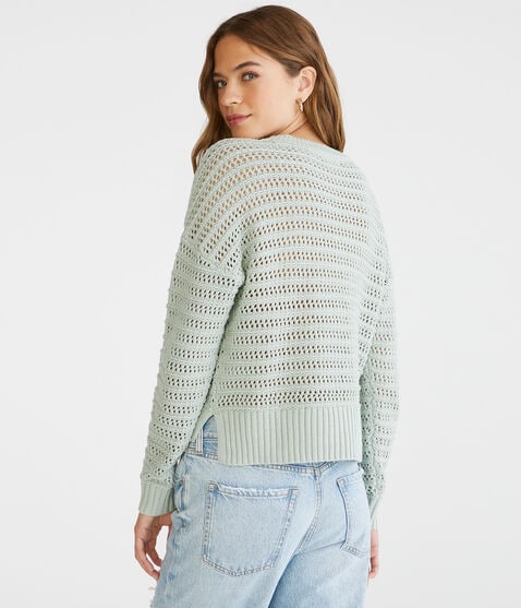 Open Knit High-Low Crew Sweater