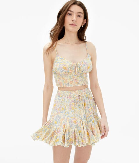 Floral Tie-Front Smocked Cropped Cami