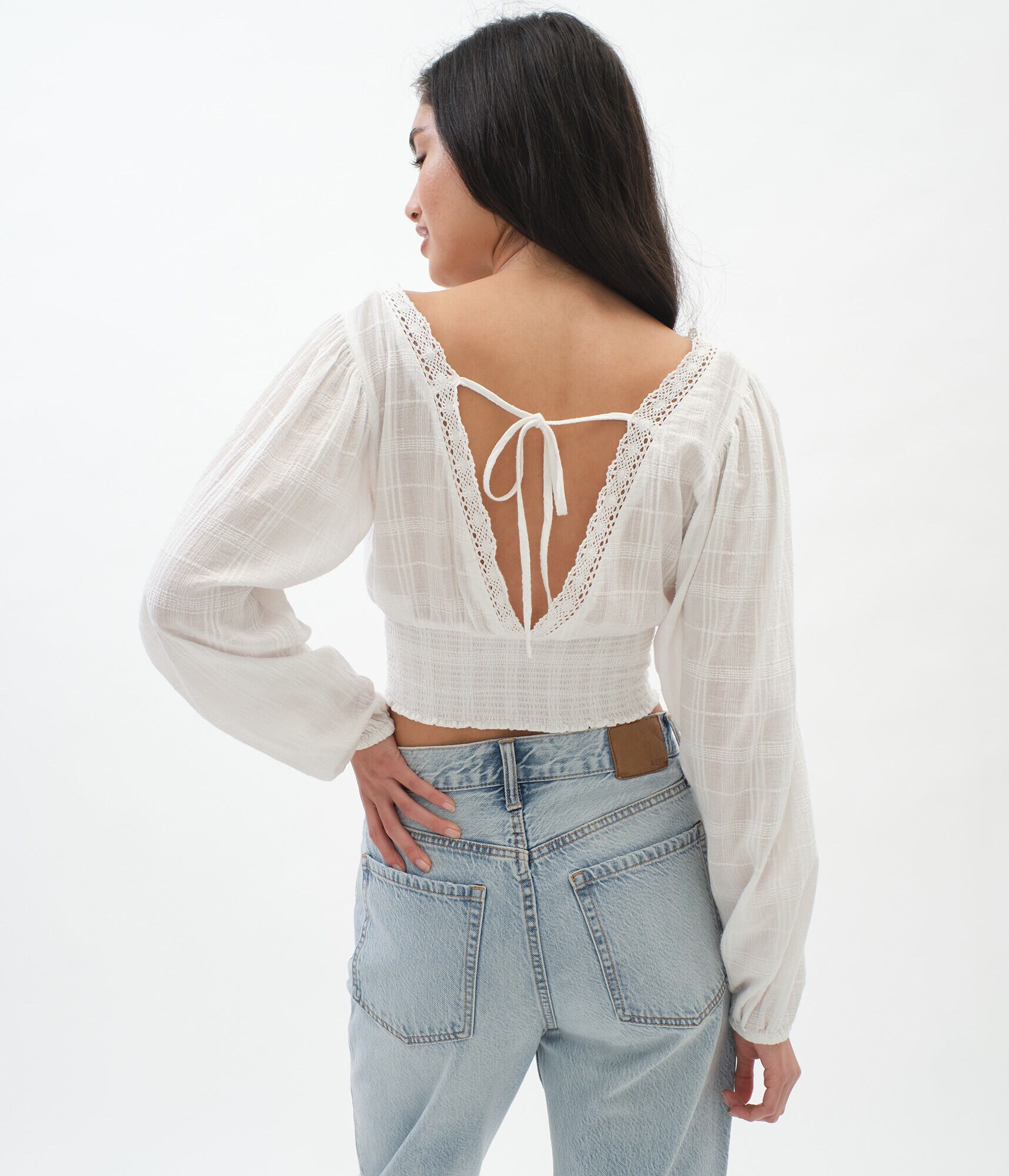 Long Sleeve Lacy V-Neck Peasant Crop Top