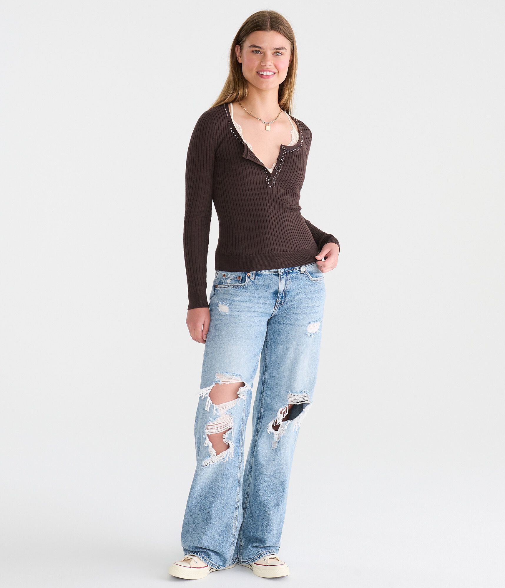 Beaded Ribbed Henley Sweater