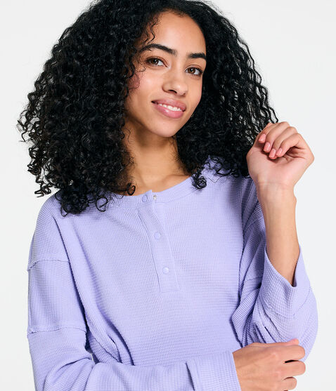 Long Sleeve Waffle-Knit Cropped Henley Tee Long Sleeve Waffle-Knit Cropped Henley Tee