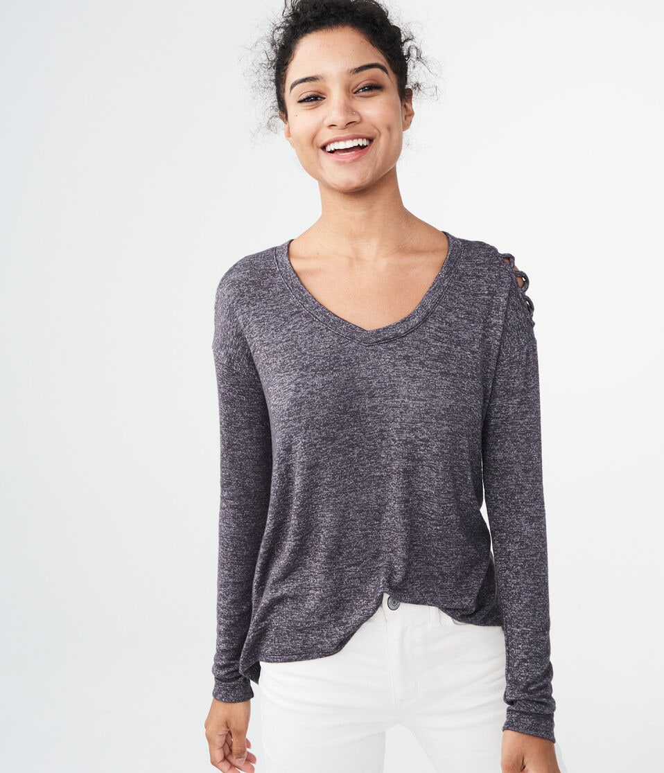 Long Sleeve Lattice-Sleeve V-Neck Top***