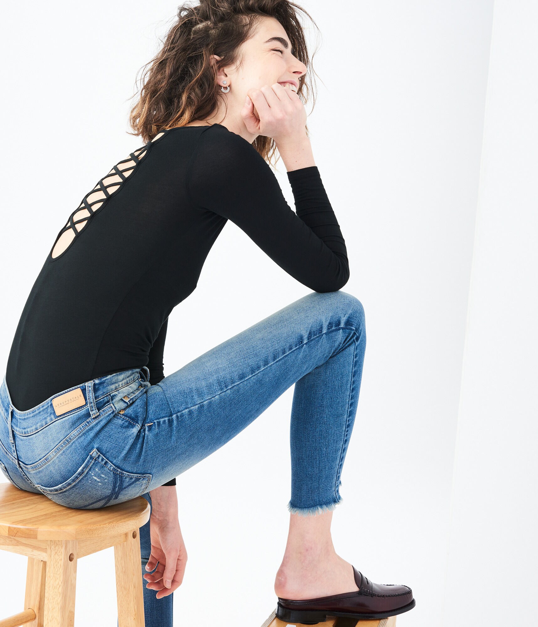 Long Sleeve Solid Lattice Back Top