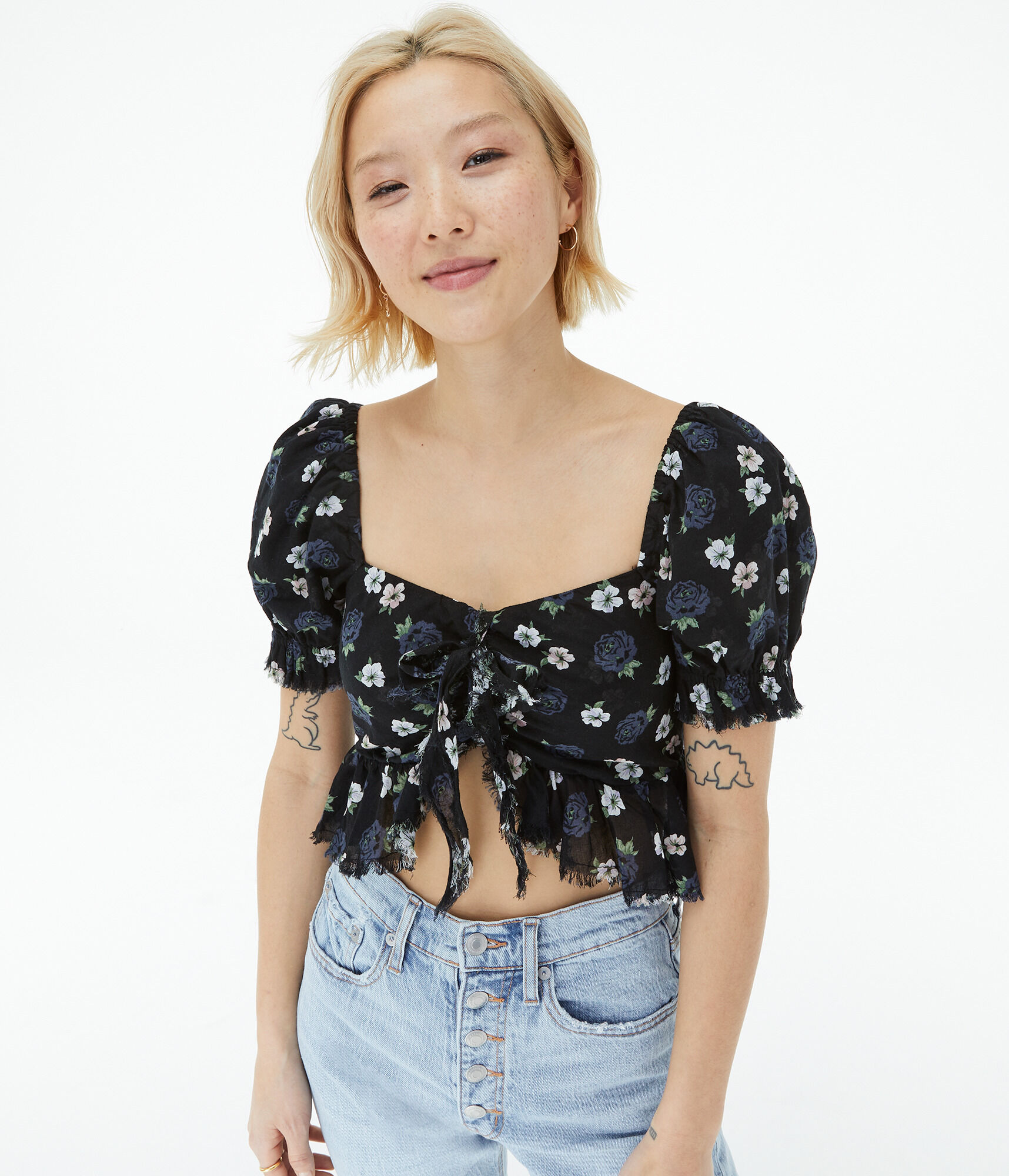 Floral Puff Sleeve Crop Top