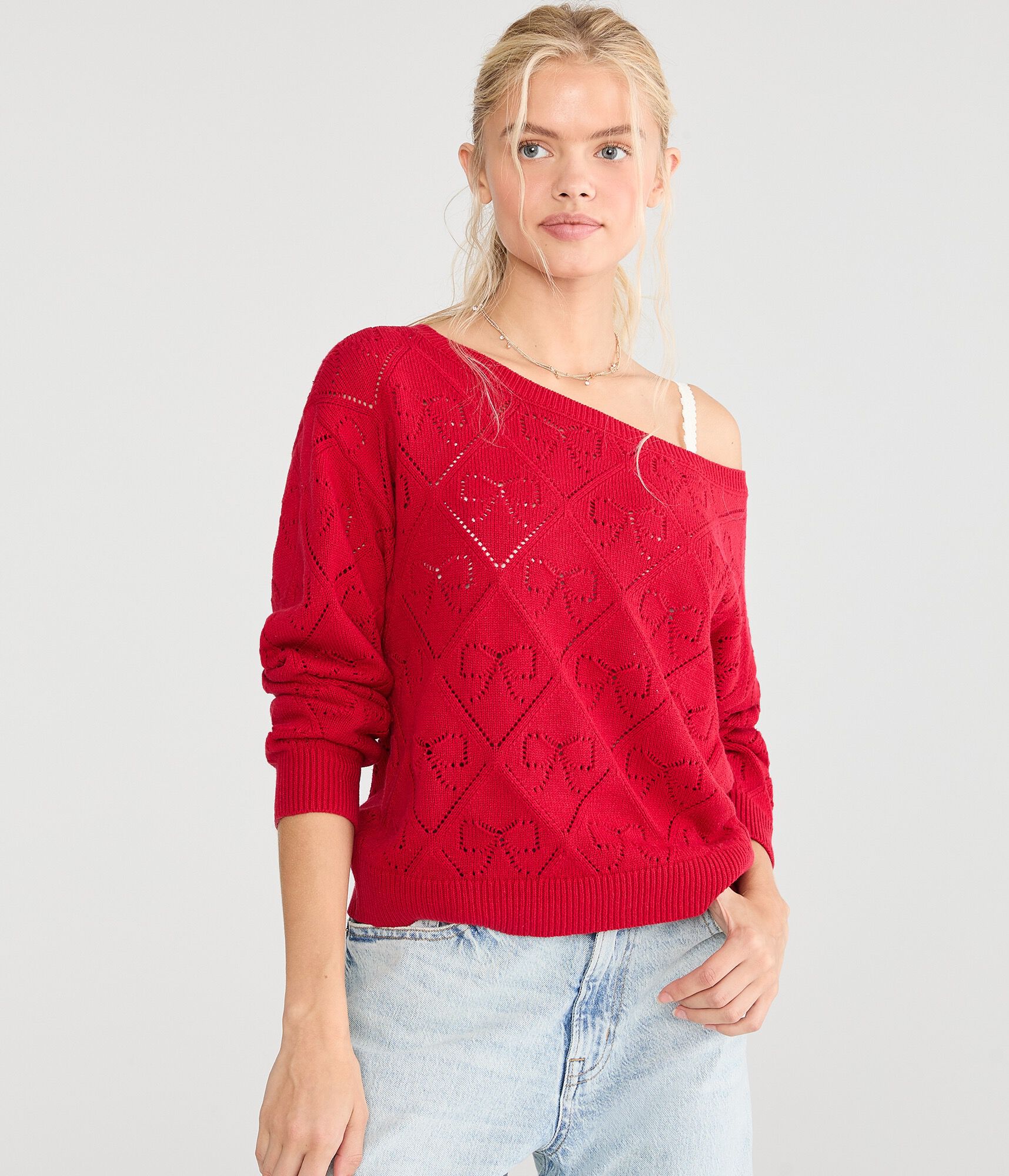 Slouchy Pointelle Bow Slash-Neck Sweater