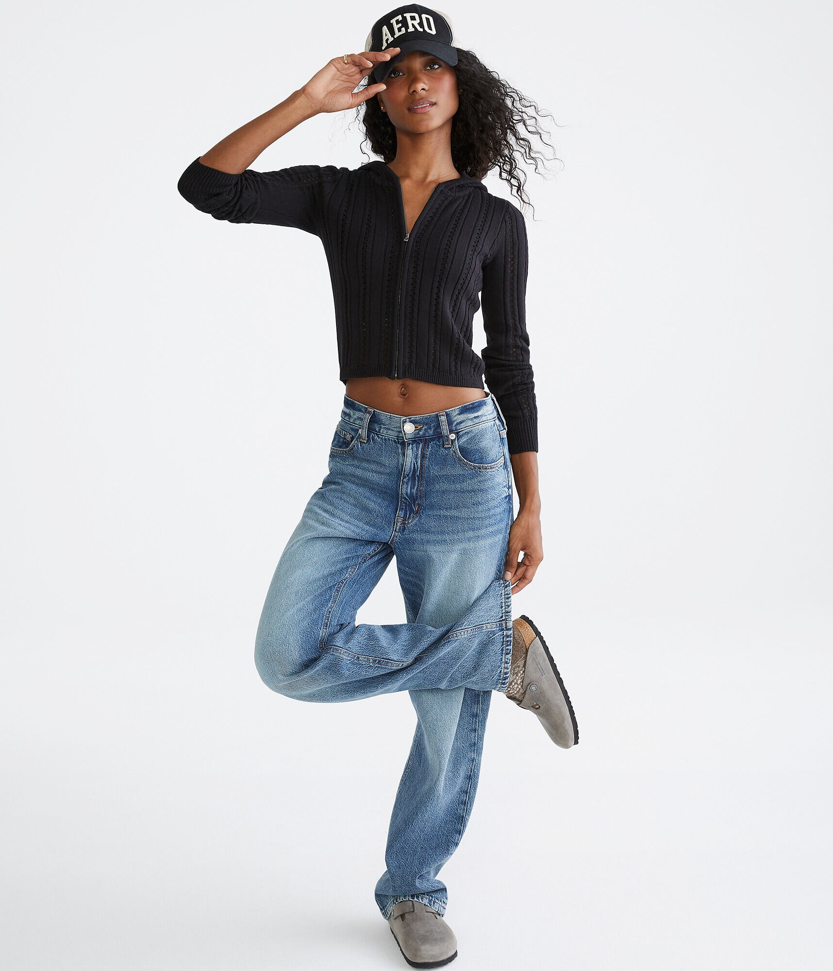 Pointelle Cropped Zip-Front Hooded Sweater