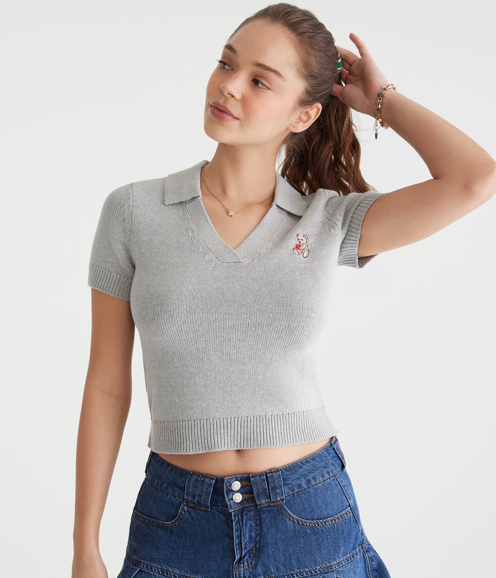 Teddy Bear Cropped Graphic Sweater Polo