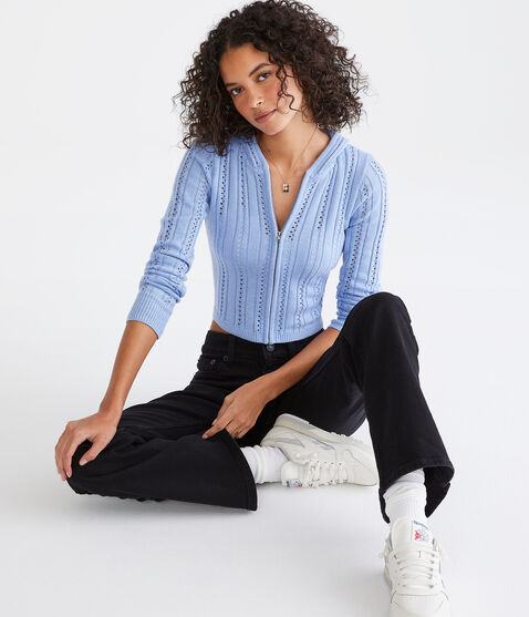 Pointelle Cropped Zip-Front Hooded Sweater