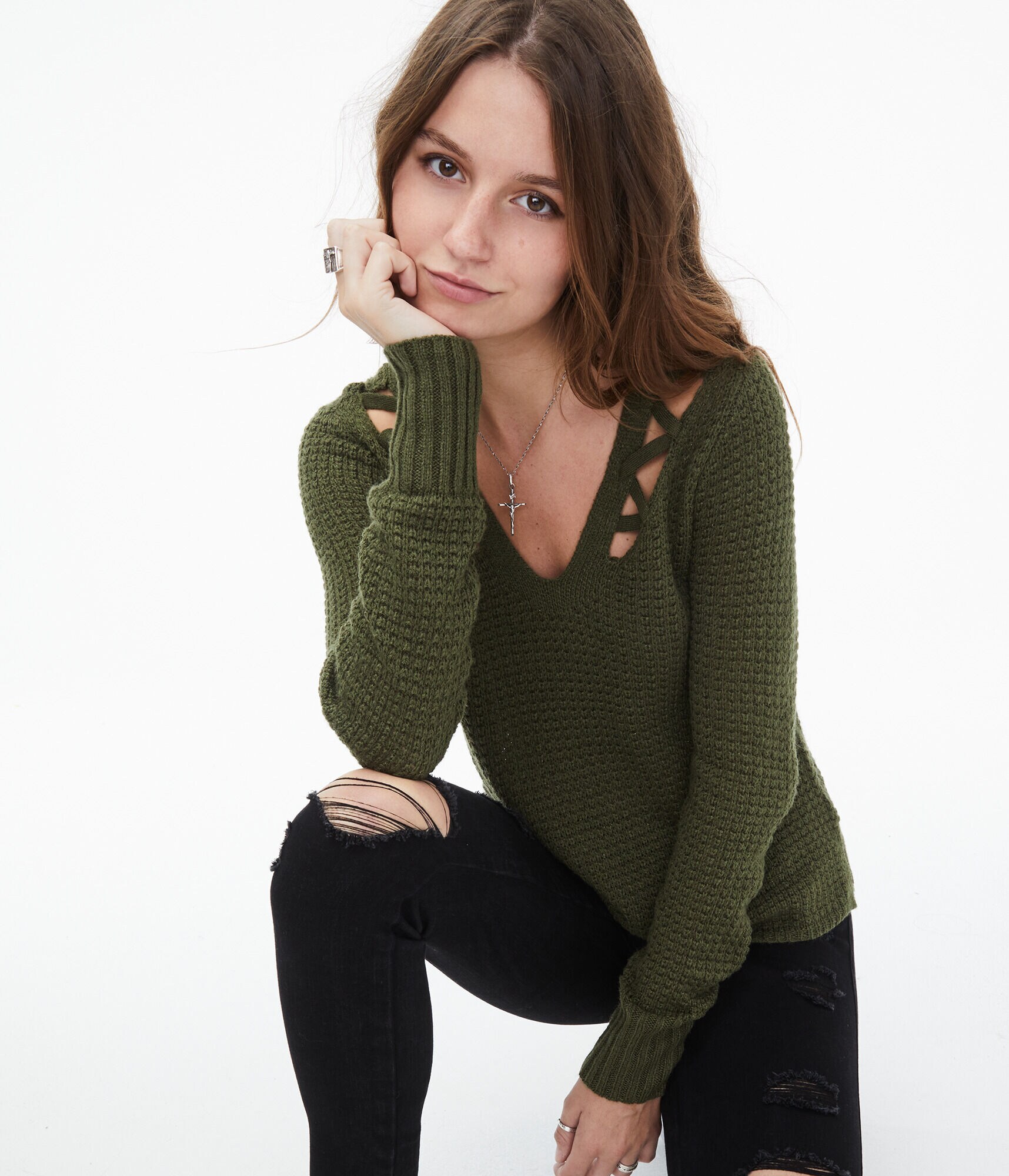 Laced-Up Shoulder V-Neck Sweater