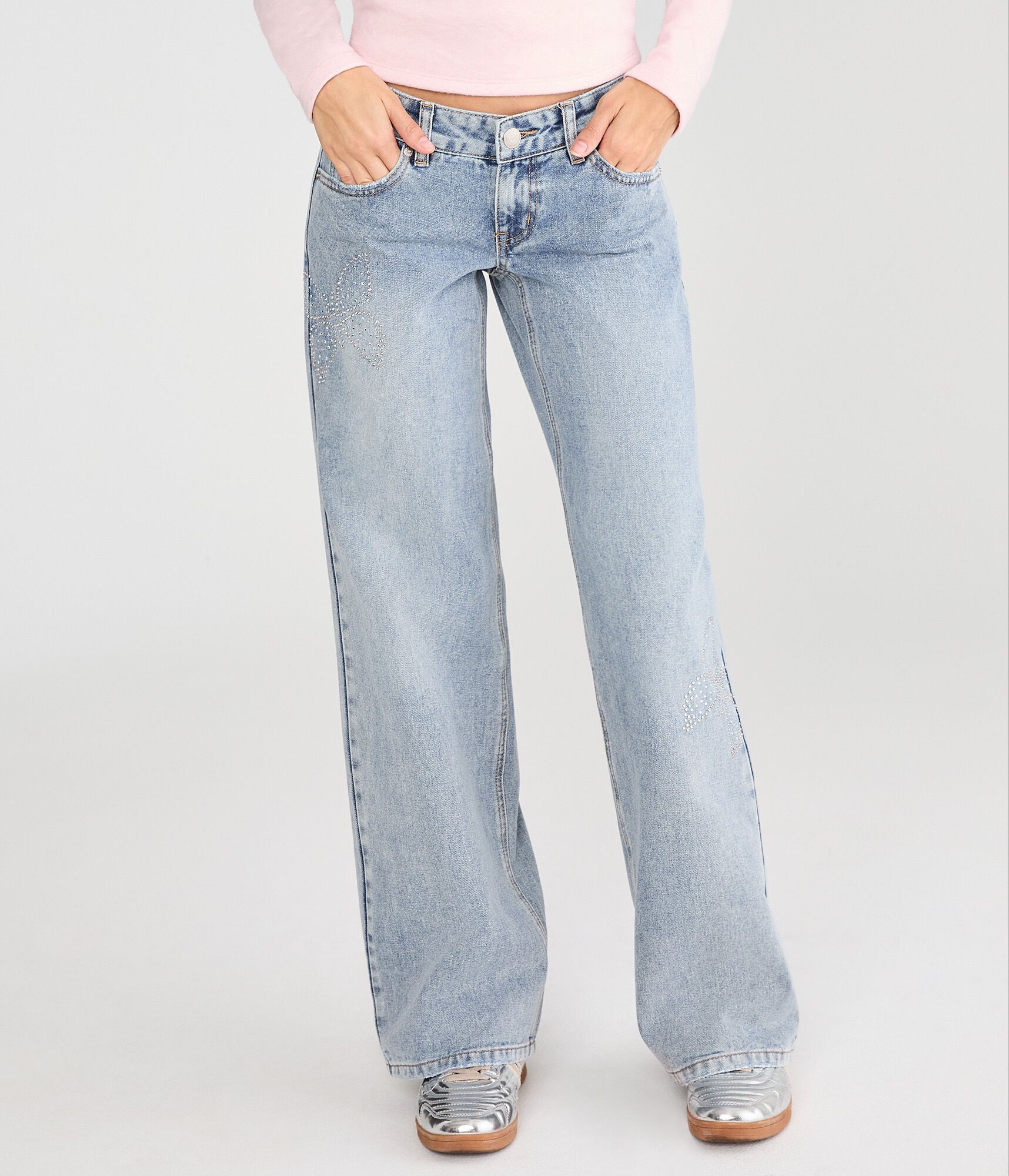 Super Low-Rise Baggy Wide Leg Rhinestone Butterfly Jean
