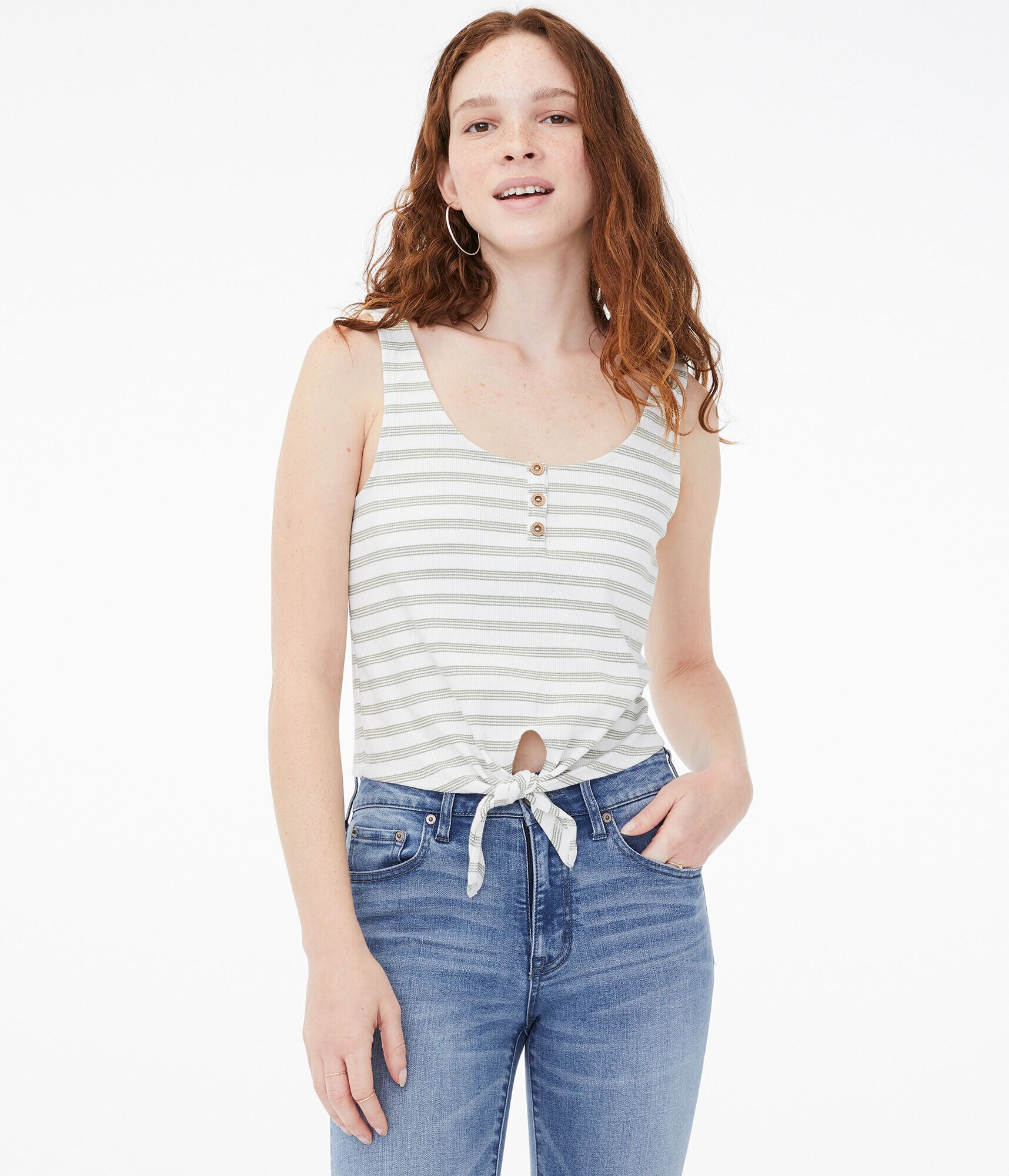 Striped Tie-Front Henley Tank***