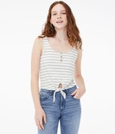 Striped Tie-Front Henley Tank***
