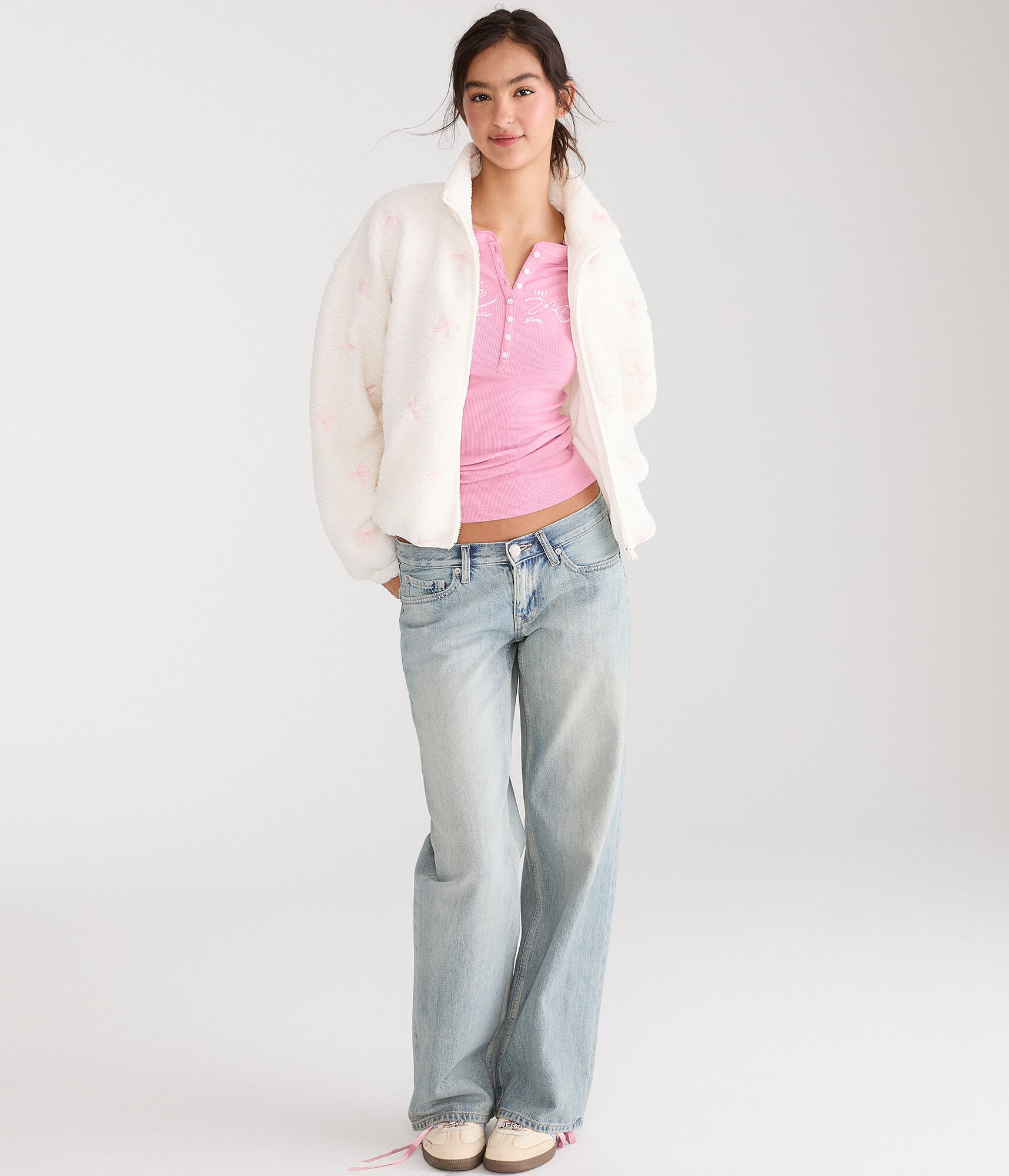 Super Low-Rise Baggy Wide Leg Rhinestone Bow Jean