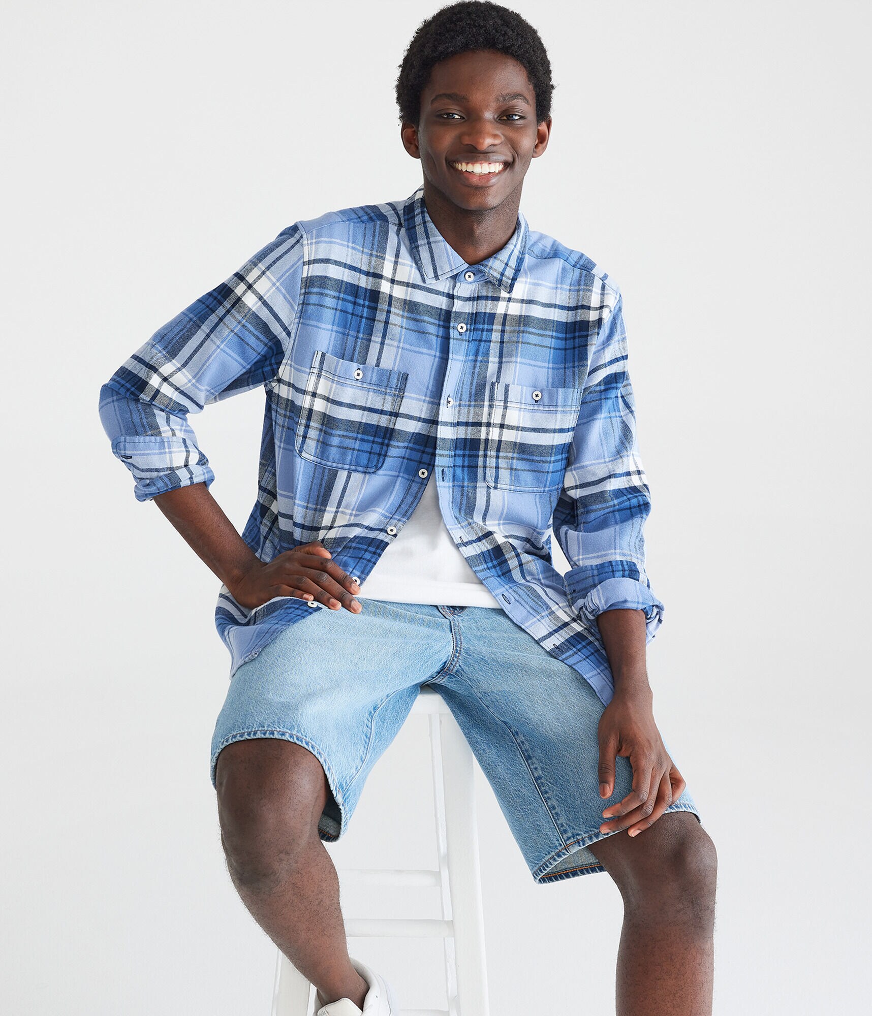 Long Sleeve Relaxed Washed Plaid Flannel Shirt