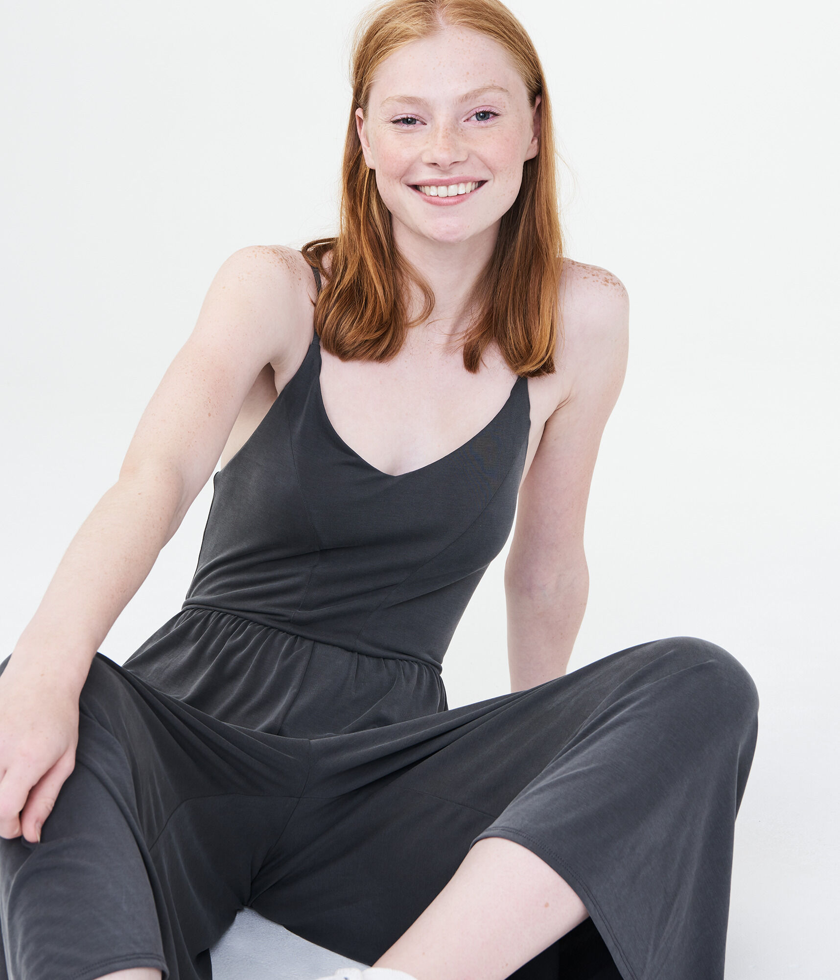 Solid V-Neck Sandwashed Jumpsuit