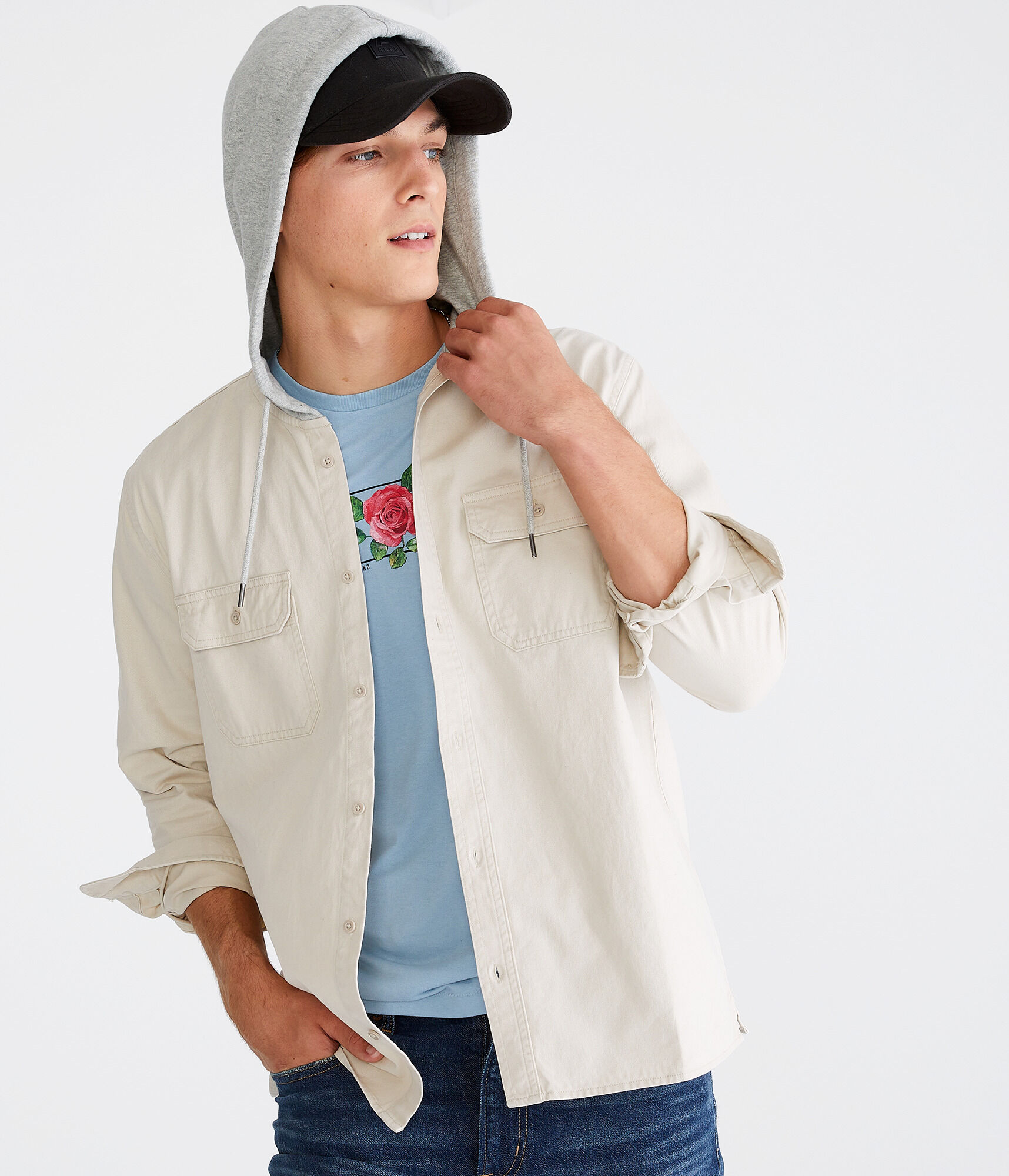 Long Sleeve Hooded Twill Shirt