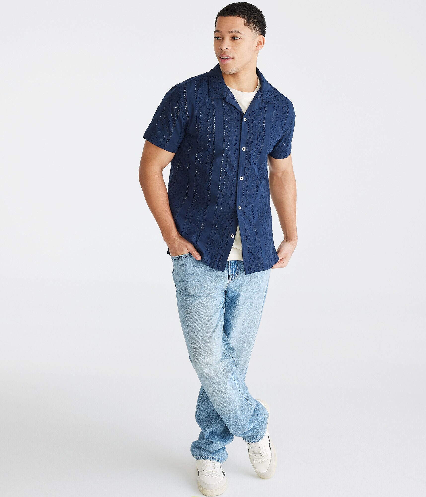 ●RSSC● RIVET GEOMERTIC HALF SHIRT - NAVY / unisex Geometric Textured Shirt
