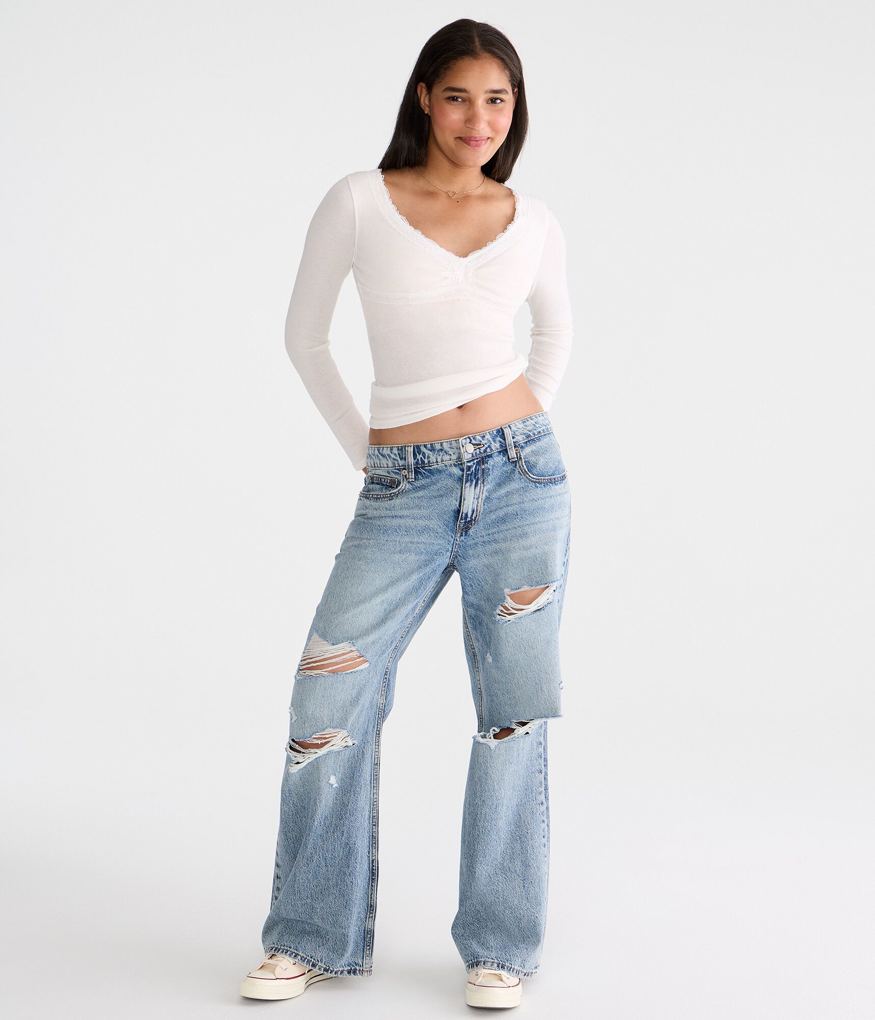 Long Sleeve Seriously Soft Y2K Lace V-Neck Tee