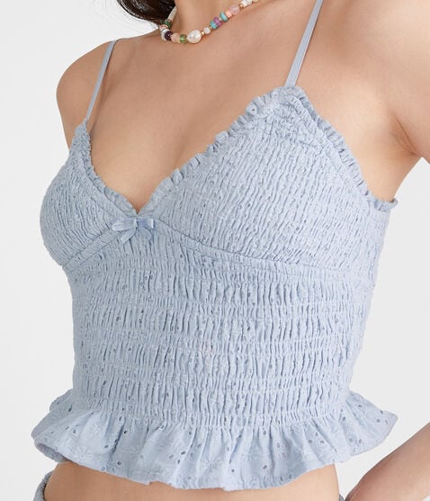 Eyelet Smocked V-Neck Crop Top Eyelet Smocked V-Neck Crop Top