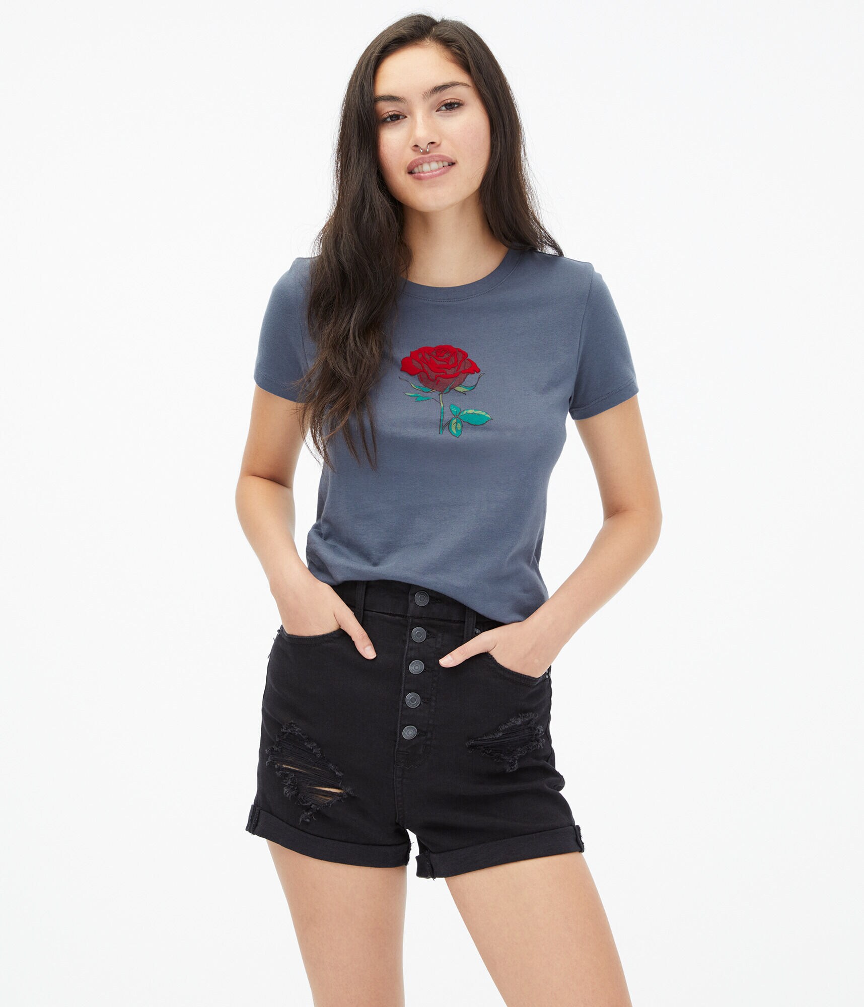 Single Flocked Rose Graphic Tee