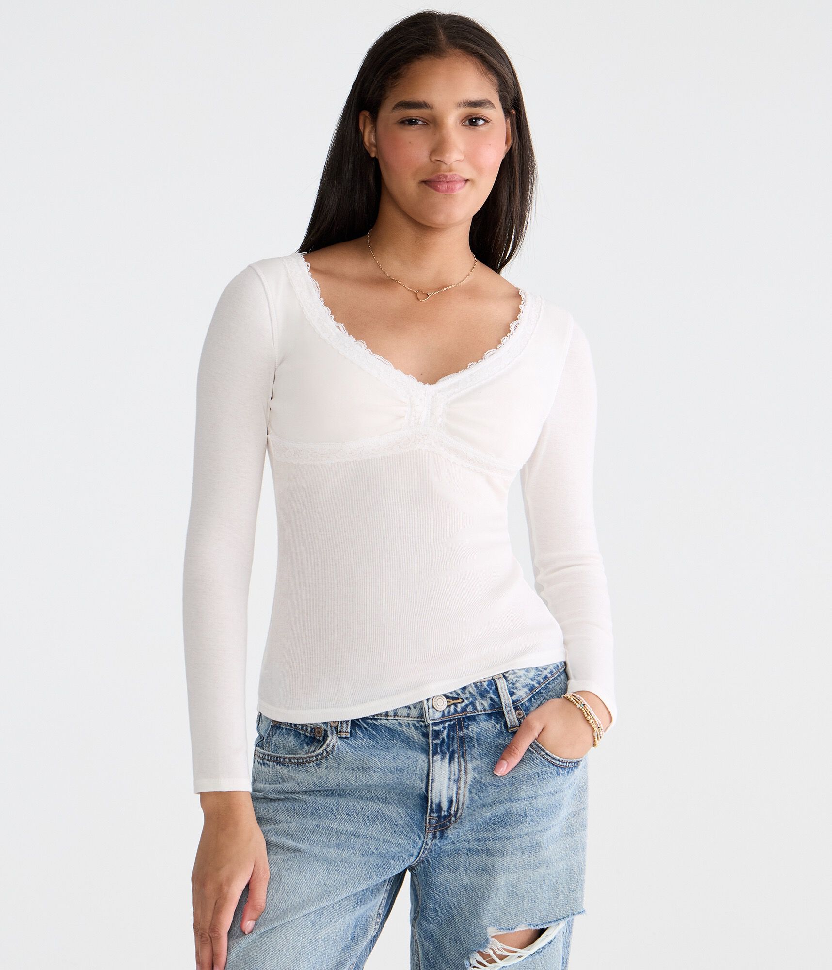 Long Sleeve Seriously Soft Y2K Lace V-Neck Tee