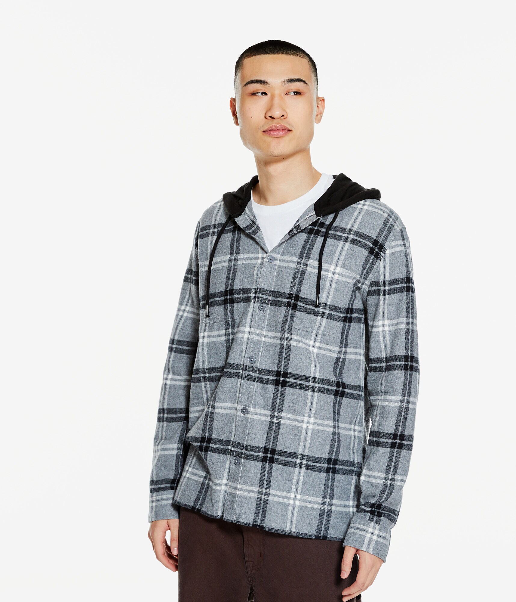 Long Sleeve Plaid Flannel Hooded Button-Down Shirt