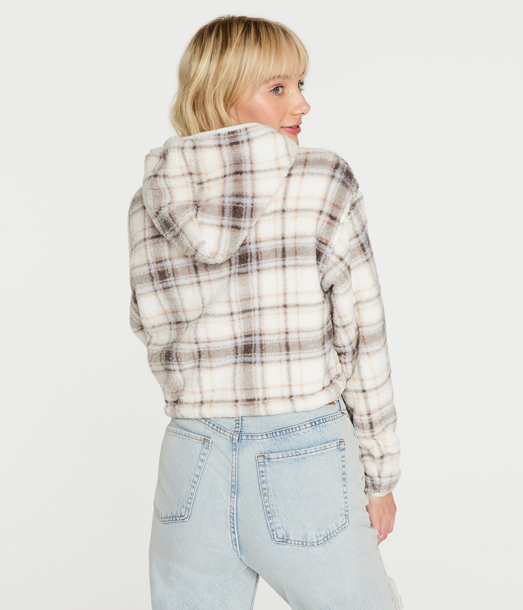 Plaid Sherpa Cinched Pullover Hoodie