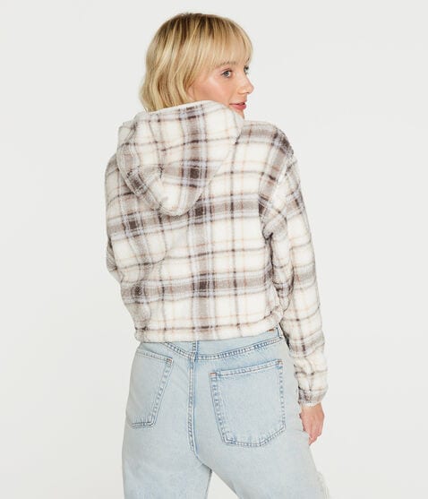 Plaid Sherpa Cinched Pullover Hoodie