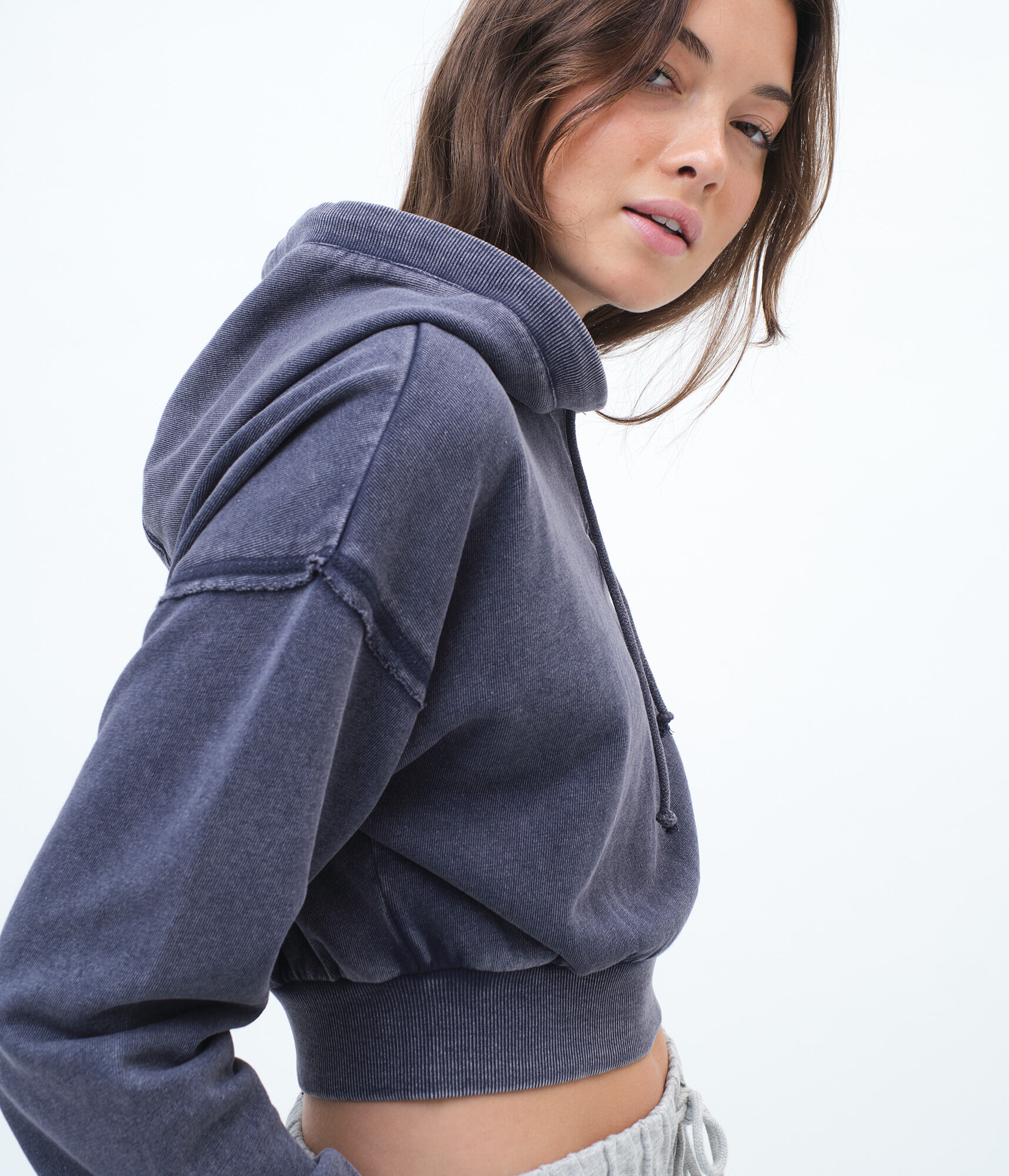 Indigo Wash Shrunken Pullover Hoodie