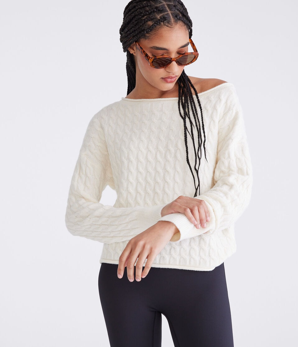 Cable Cropped Boat-Neck Sweater