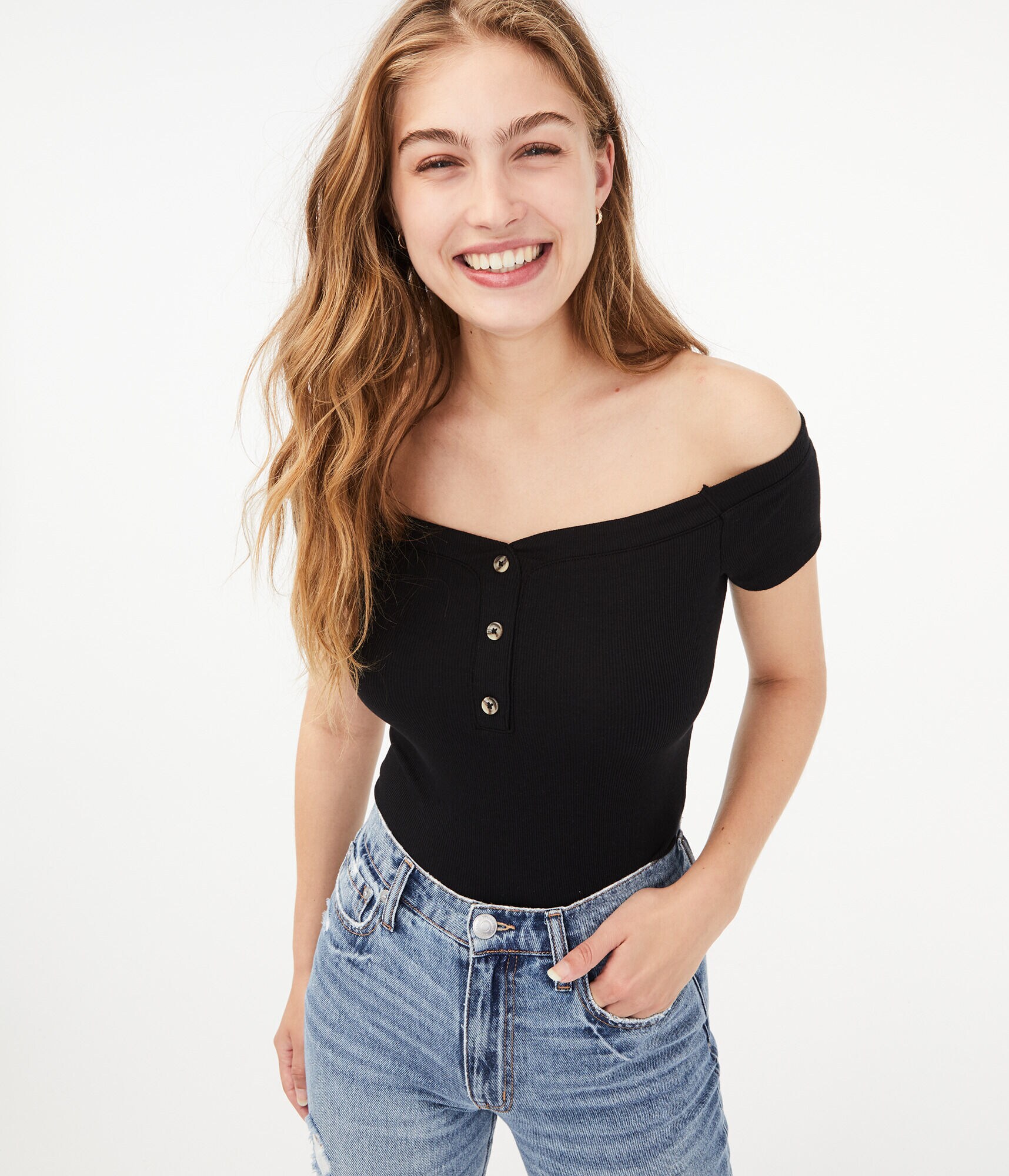 Seriously Soft Off-The-Shoulder Henley Bodycon Top