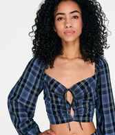 Long Sleeve Plaid Double-Keyhole Crop Top