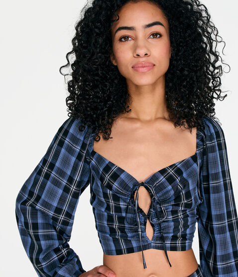 Long Sleeve Plaid Double-Keyhole Crop Top Long Sleeve Plaid Double-Keyhole Crop Top