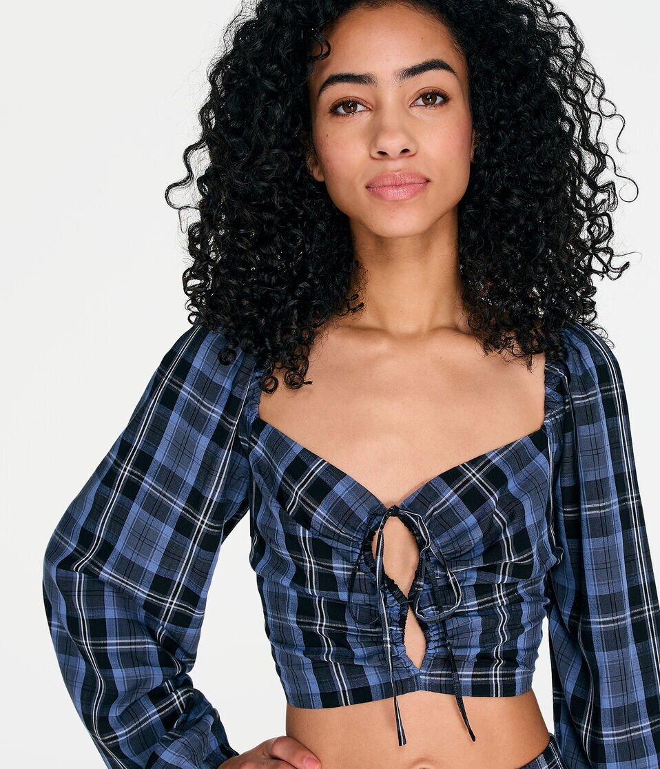 Long Sleeve Plaid Double-Keyhole Crop Top