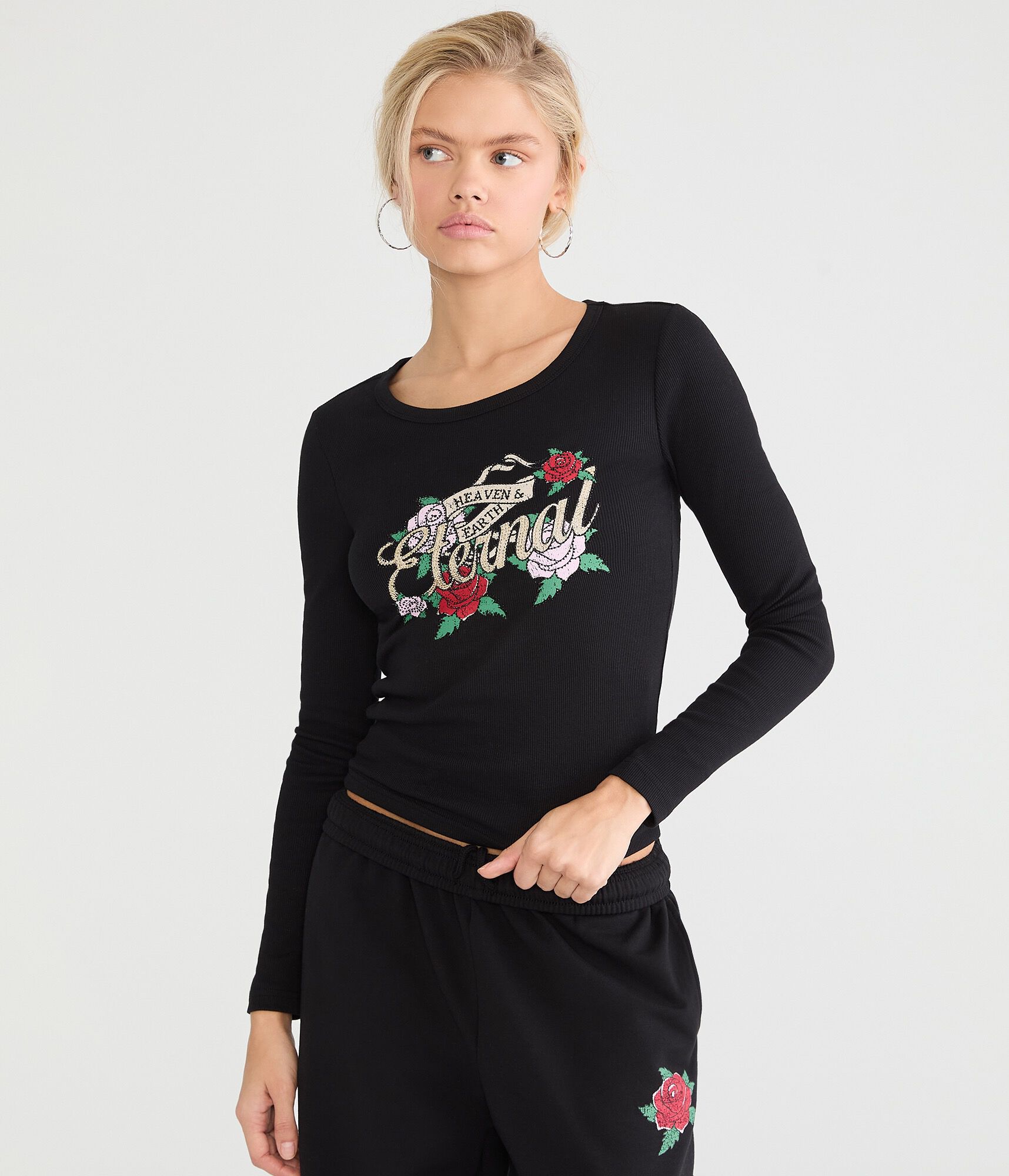 Long Sleeve Tattoo Roses Graphic Tee