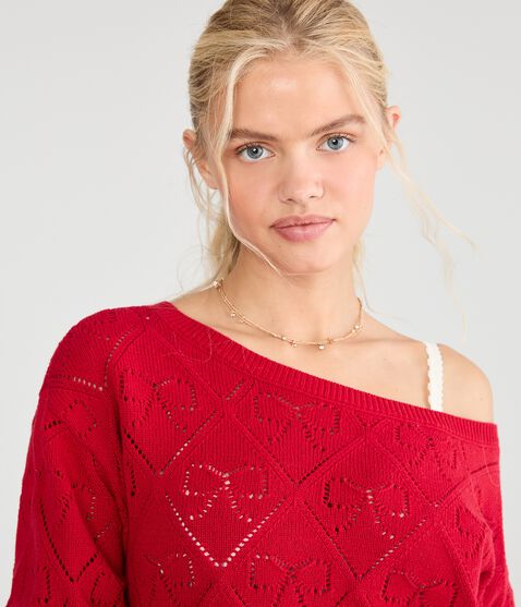 Slouchy Pointelle Bow Slash-Neck Sweater Slouchy Pointelle Bow Slash-Neck Sweater