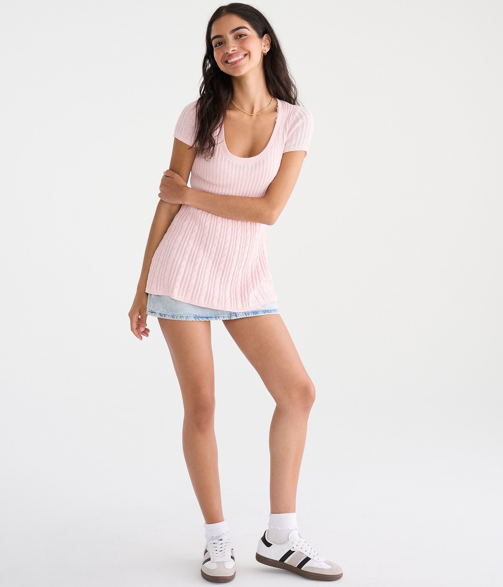 Short Sleeve Scoop-Neck Babydoll Sweater