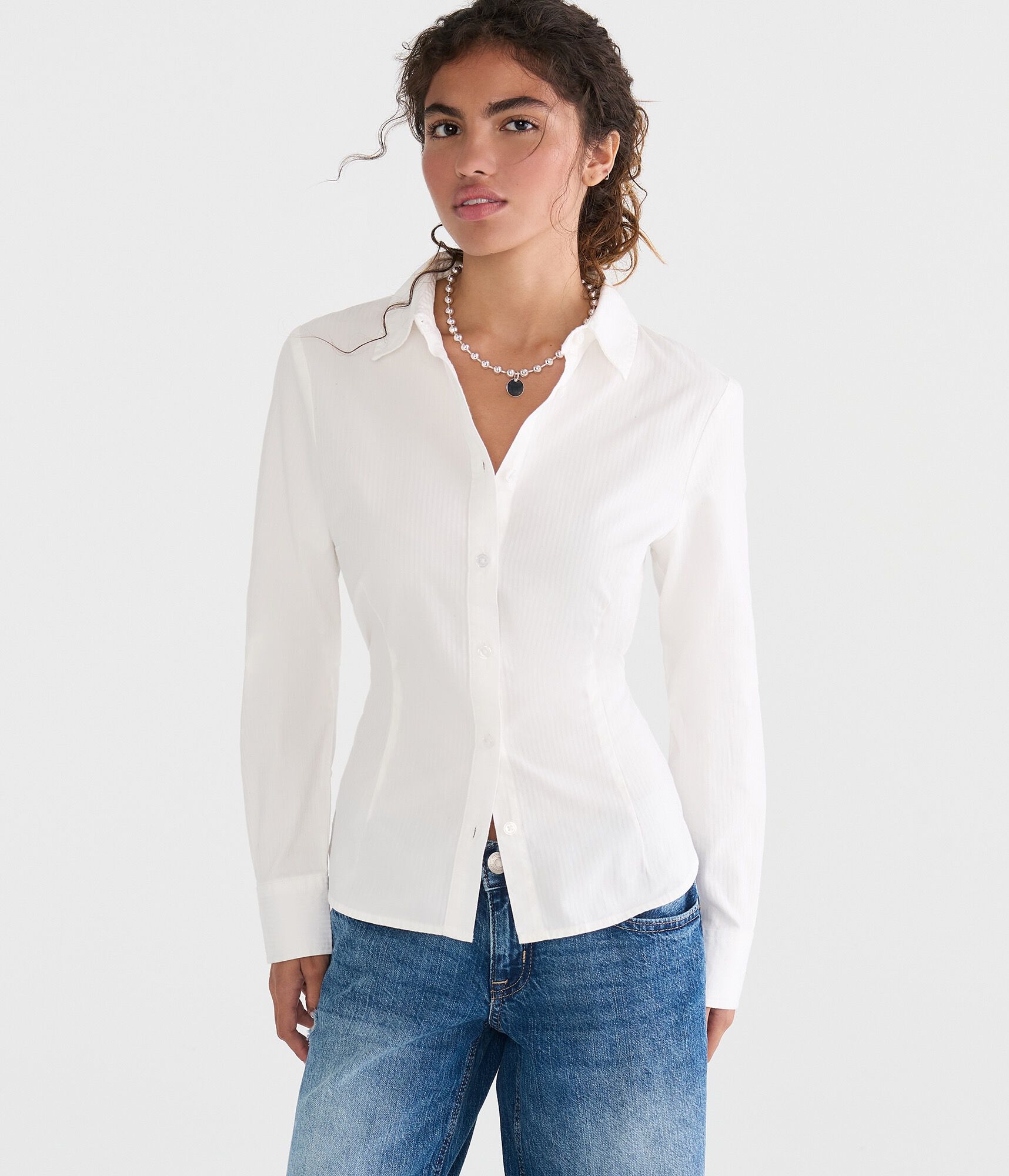 Long Sleeve Tonal Stripe Tie-Back Fitted Shirt