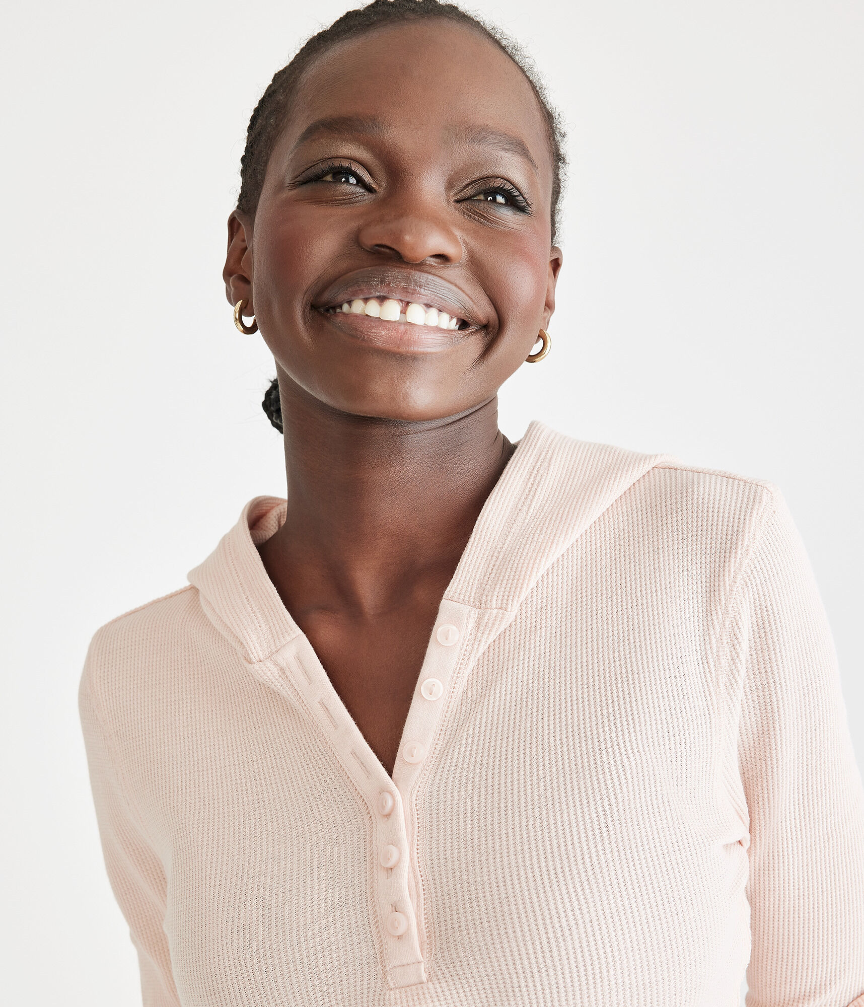 Long Sleeve Cropped Hooded Waffle Henley