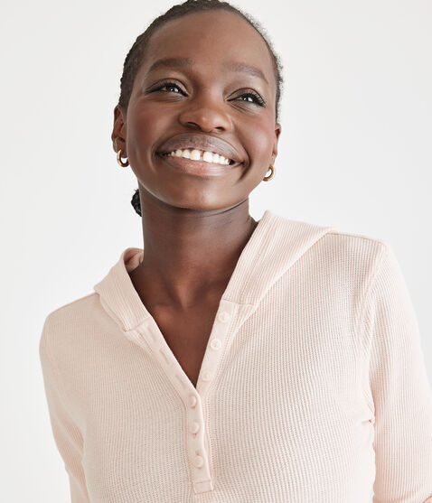 Long Sleeve Cropped Hooded Waffle Henley Long Sleeve Cropped Hooded Waffle Henley