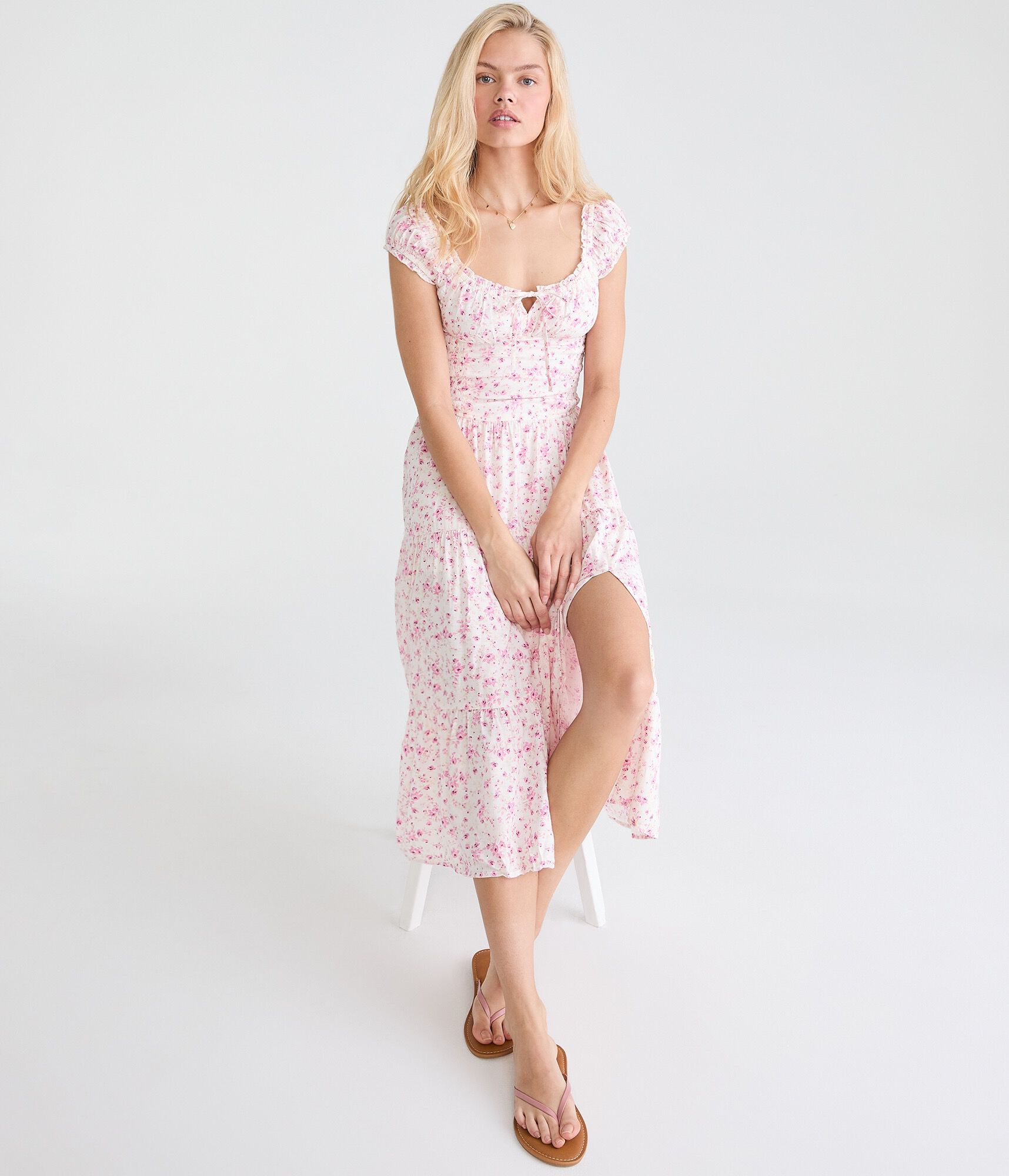 Floral Square-Neck Tiered Midi Dress