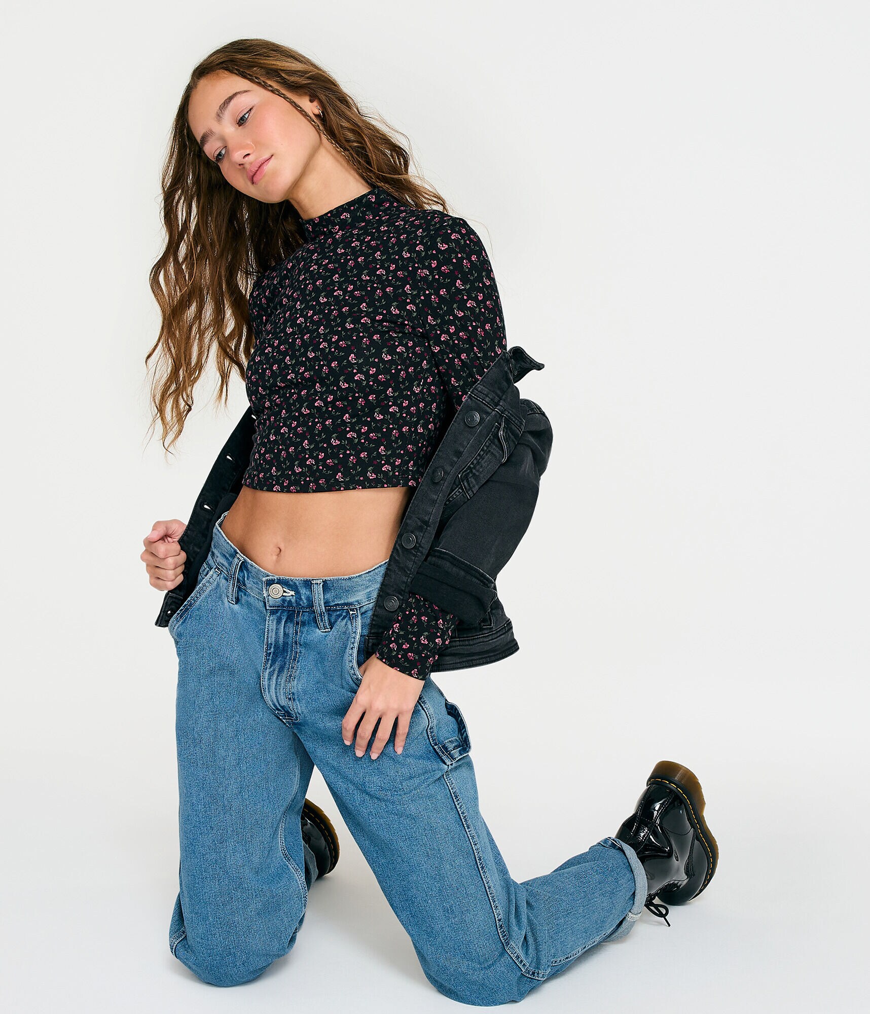 Long Sleeve Floral Mock-Neck Crop Top