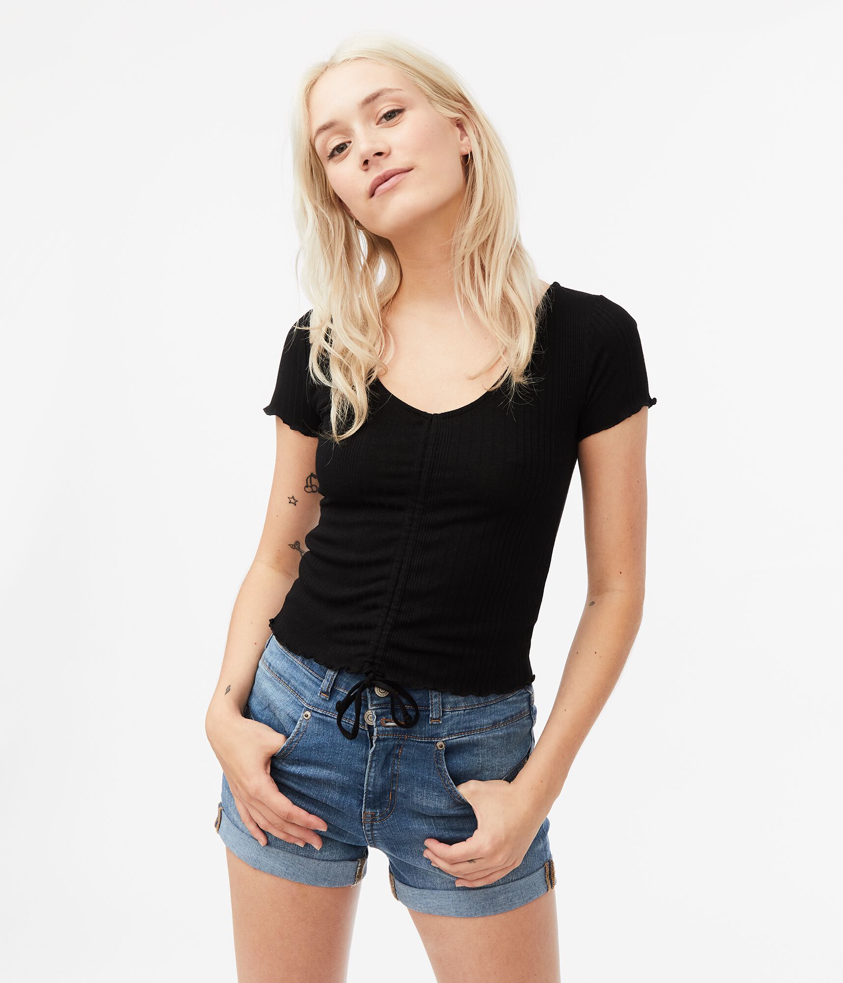 Ribbed Ruched-Front Tee