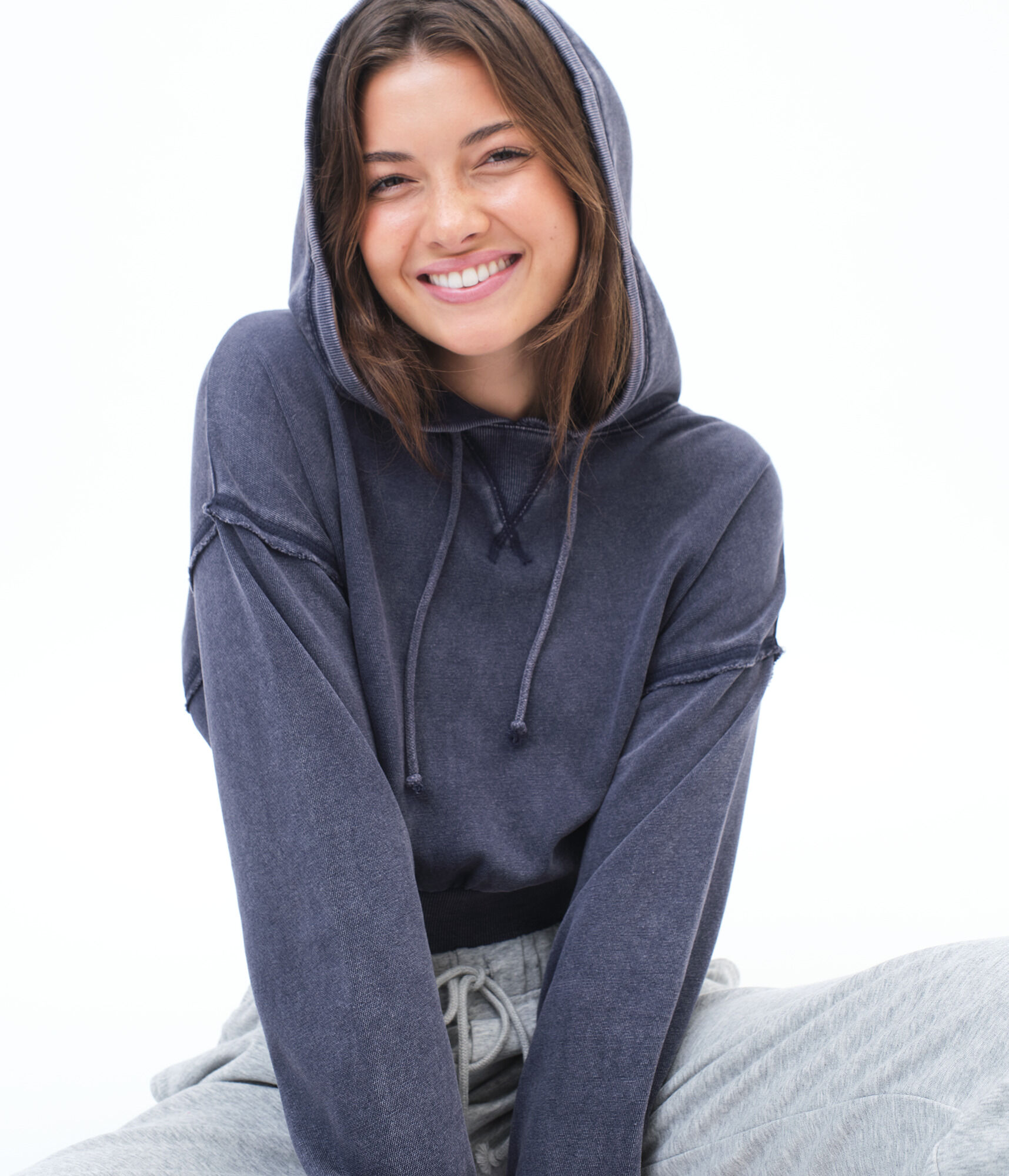 Indigo Wash Shrunken Pullover Hoodie