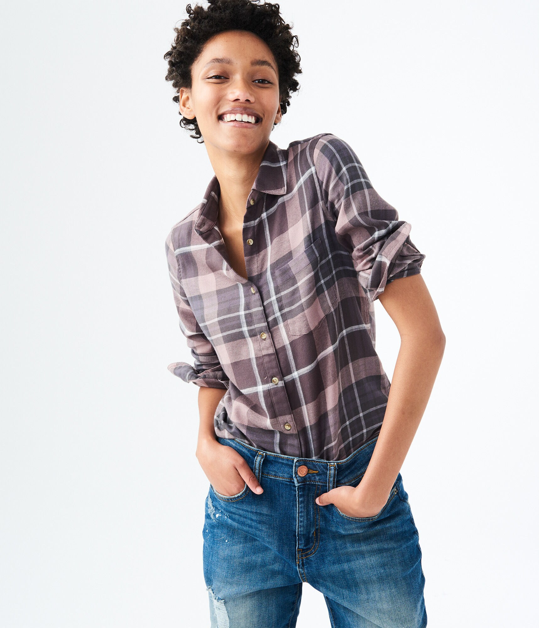 Long Sleeve Plaid Flannel Woven Shirt