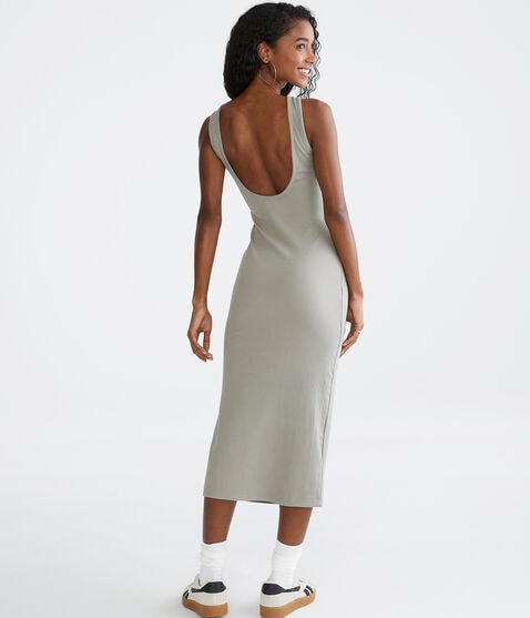 Solid High-Neck Ribbed Midi Dress