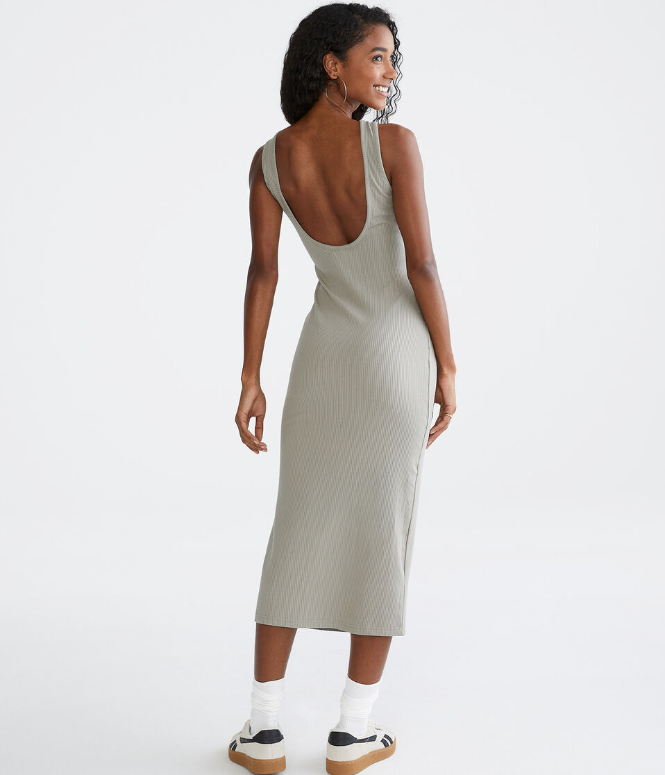 Solid High-Neck Ribbed Midi Dress