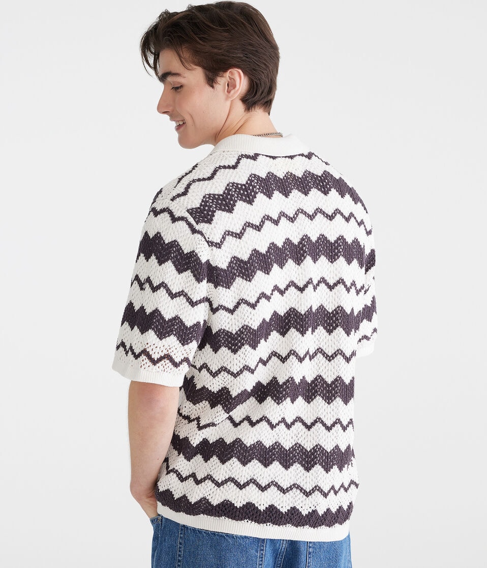 Chevron Crocheted Buttoned Sweater Polo
