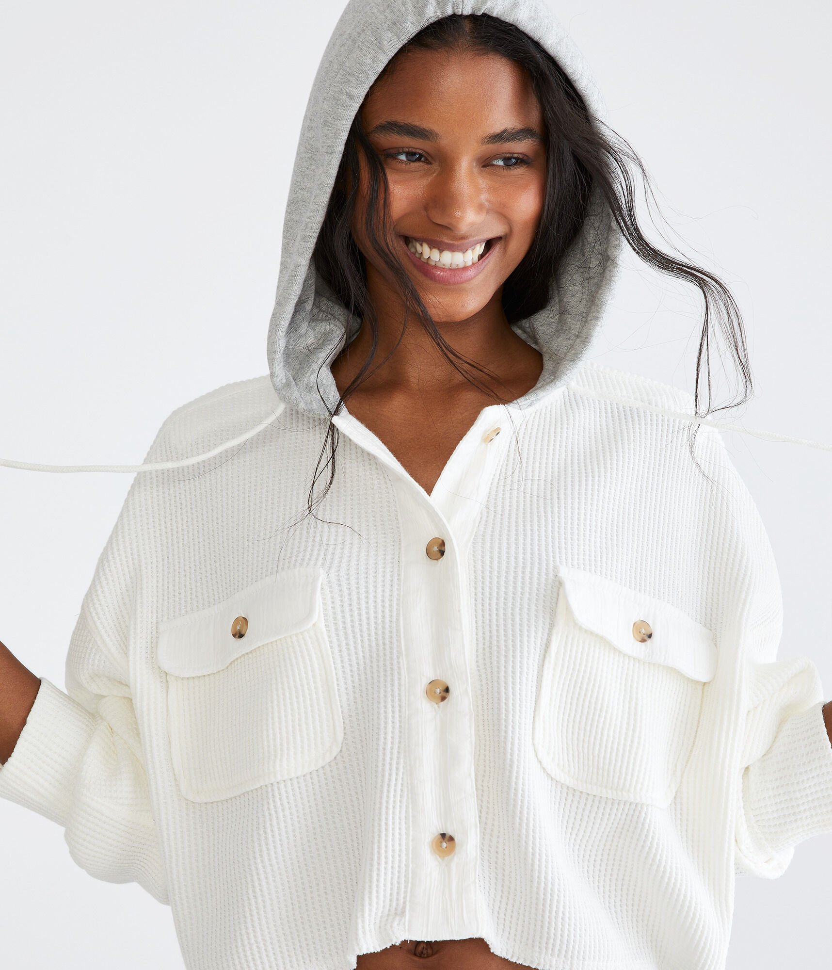 Hooded Waffle-Knit Cropped Jacket