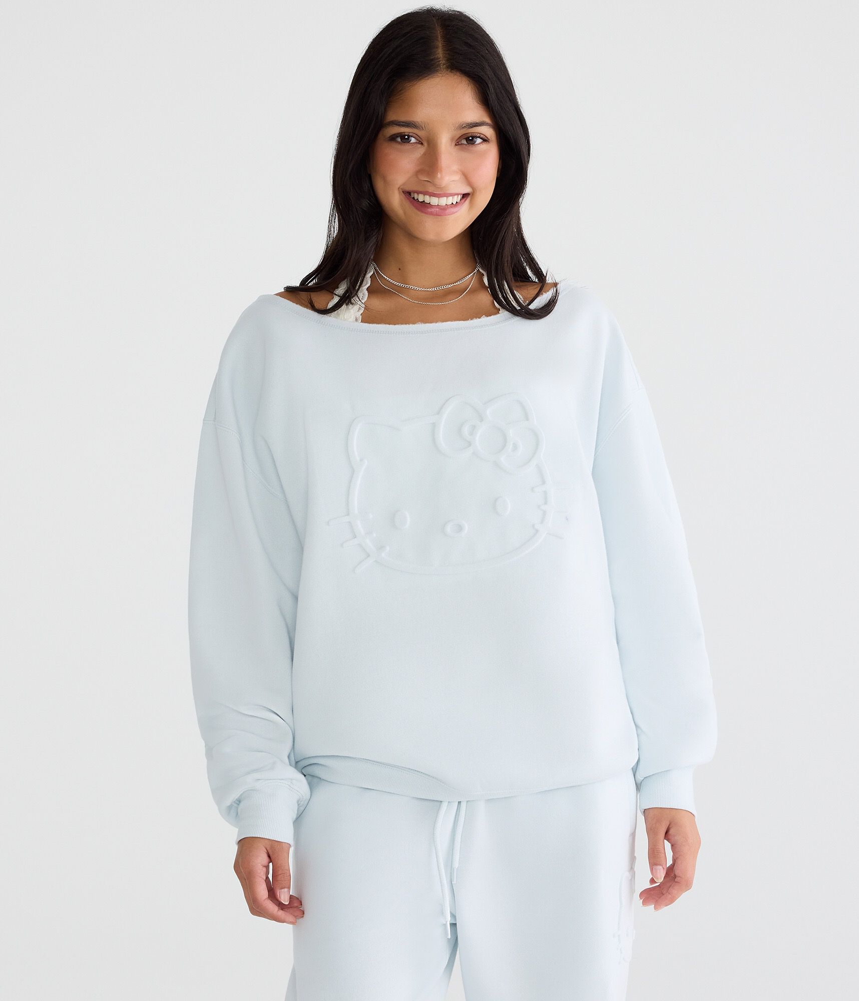 Hello Kitty Embossed Face Oversized Off-The-Shoulder Sweatshirt